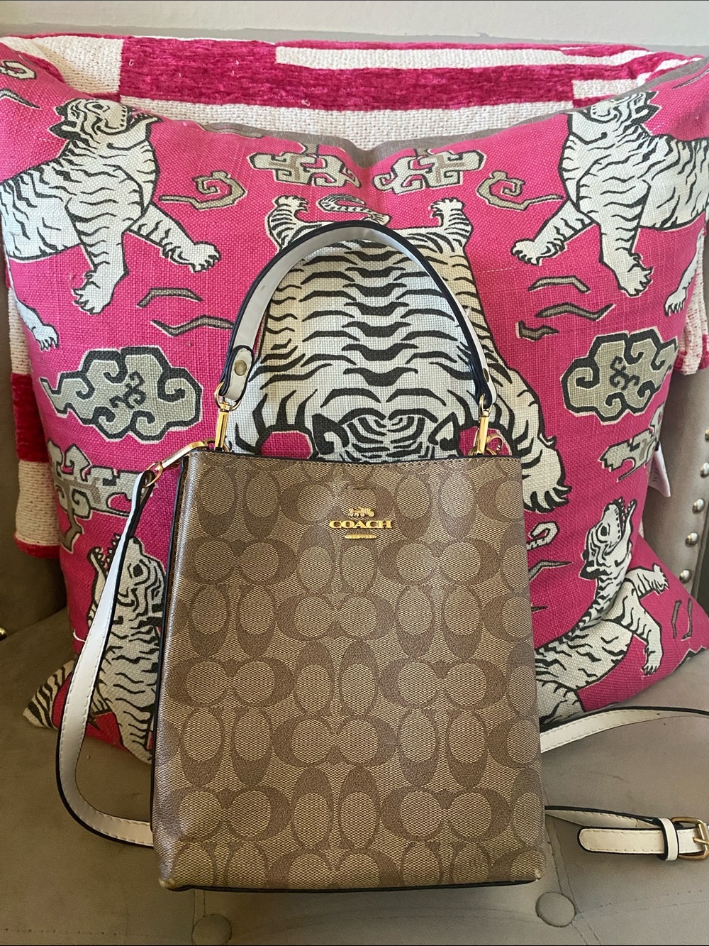 COACH Brown Signature Canvas Tote with White-Trim Handle and Strap